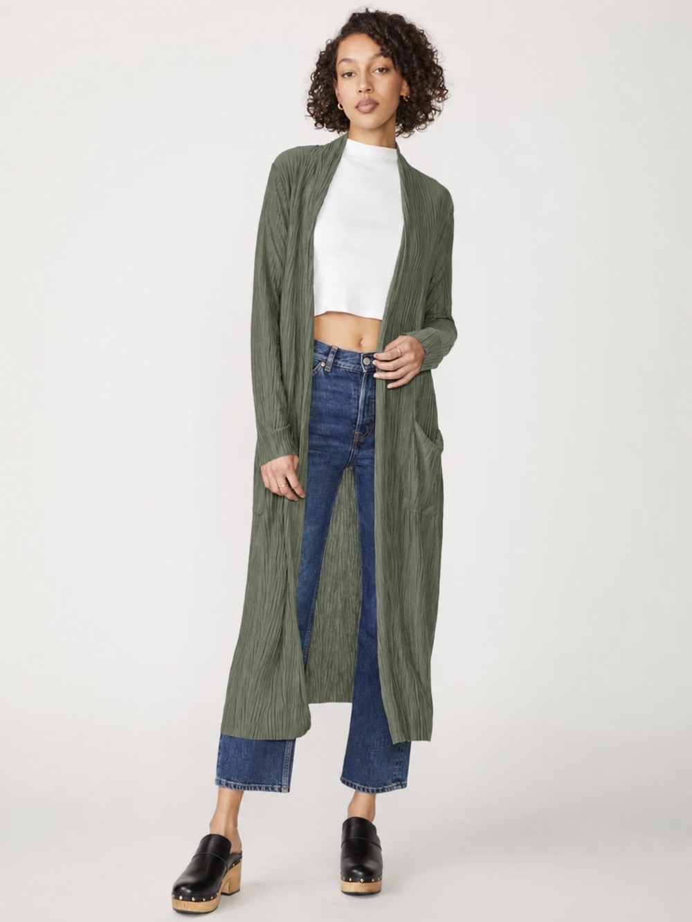 Stateside Knit Plisse Duster Cardigan Olive Green Medium NWOT